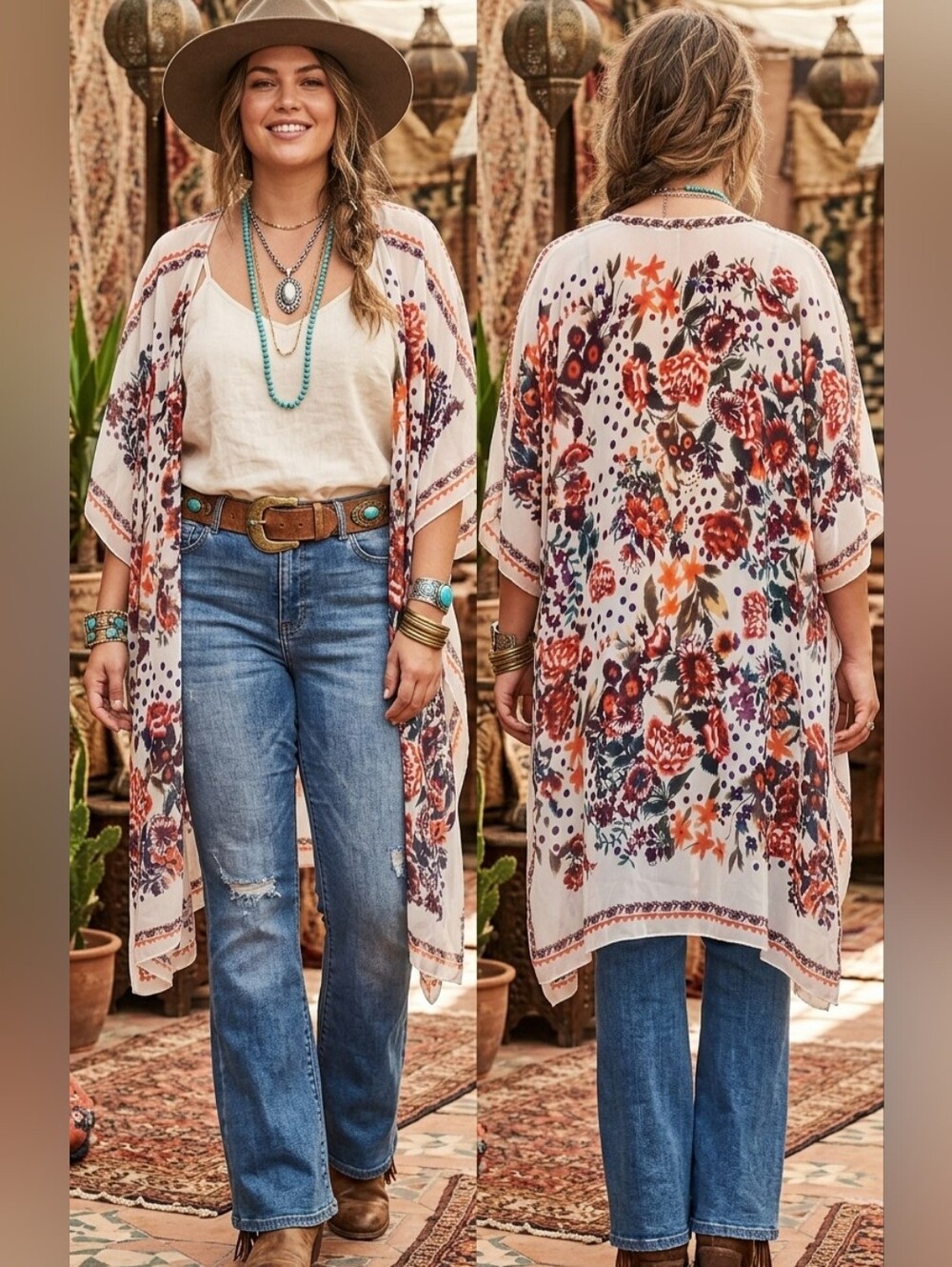 Cream Floral Kimono Tunic with Rust and Navy Accents
